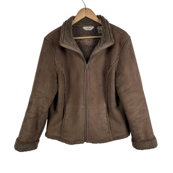 L.L. Bean Womens Sherpa Lined Tan Faux Suede Jacket Sz XL w/ Floral Embroidery - Picture 1 of 8